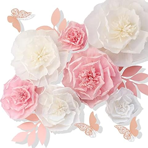 LABJULY Tissue Paper Flower Wall Decor Pink White Set of 13 Craft Crepe Flowers Decorations for Wall Party Decoration Baby Shower Wedding Accessories Nursery Backdrop Cover