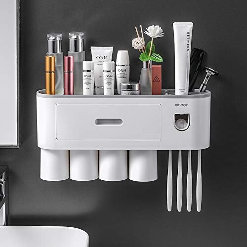 Toothbrush Holder with Automatic Toothpaste Squeezer, Wall-Mounted Bathroom Organizer