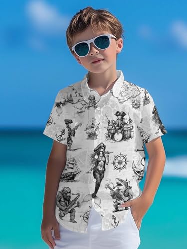 Image of THE PIRATE KING Funny Pirate Hawaiian Shirt Boys Girls Beach Tropical Casual Short Sleeve Button Down Shirt for 5-14 Years