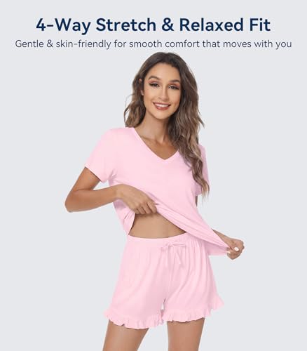 Image of WiWi Womens Pajamas Set Bamboo Viscose Super Soft Short Sleeve Top Ruffle Shorts Sleepwear Cooling Pj Sets S-XXL