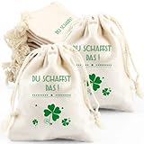 12 Glücksklee Baumwollbeutel mit Motivationsspruch DU SCHAFFST DAS! Stoffsäckchen Kordelzug für Kinder (20x15cm) - Kleine Geschenkbeutel