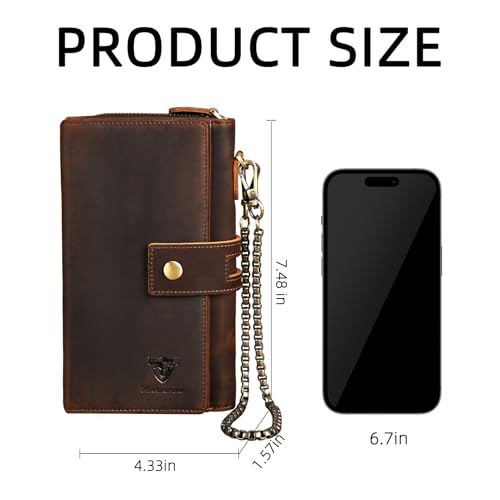 Image of Genuine Crazy Horse Leather Travel Gift Coin Pocket Card Case Long Organizer Chain Rfid Wallet Purse With Snap For Men Male 1803 1815 (W-1819-Brown)