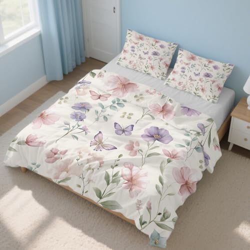 Housse de Couette 220x240 Fleur Rose et Papillon avec 2 Taies d'Oreiller