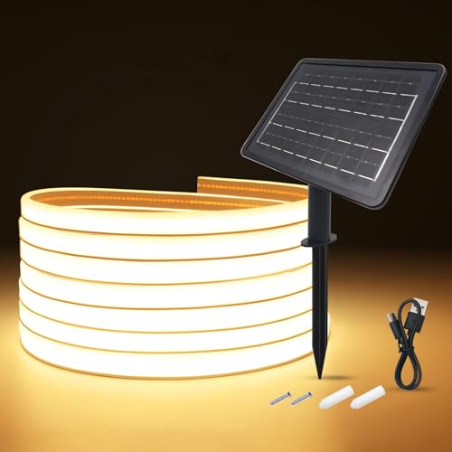 KISUFU 24V COB Solar LED Streifen, IP65 Wasserdichte 320 LEDs/m Doppelseitiges Licht Solar LED Band mit 1200mah 8 Modi Solarpanel für Garten, Patio, Geburtstag, Hochzeit, Außendekoration.