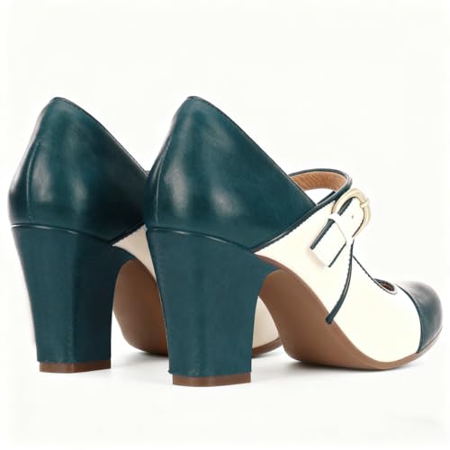 Image of SHODENSE Women Vintage Chunky High Heel Mary Jane Shoes Round Closed Toe Ankle Strap Dress Sandals 3 inch Block Heels Mary Jane Lolita Pumps Two-Toned Patchwork Buckle Office Lady Wedding Retro 4-11 M US