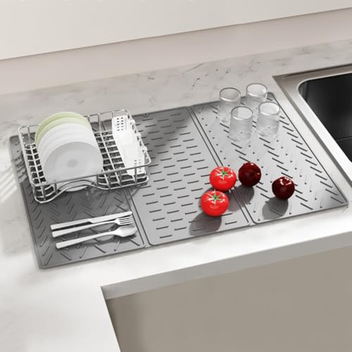Image of Supvox Kitchen Dry Mat Triple Fold Silicone Utility Mat Grooved Surface Dry Mat Dishes Drain Mat Heat Resistant Countertop Protector Mat Anti-slip Silicone Table Mat with Hanging Hole, 24x16in