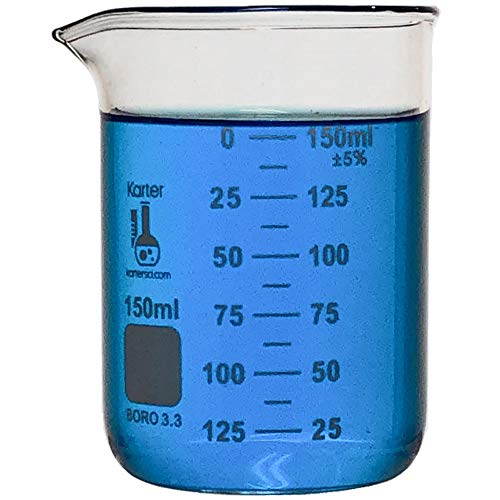 150ml Beaker, Low Form Griffin, Borosilicate 3.3 Glass, Double Scale, Graduated, Karter Scientific (Single)