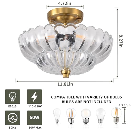 Image of Semi Flush Mount Ceiling Light, 11.8 Inch Gold Vintage Hallway Light Fixture with Transparent Glass, Close to Ceiling Light for Bedroom Kitchen Living Room Bathroom Foyer, E26 Base