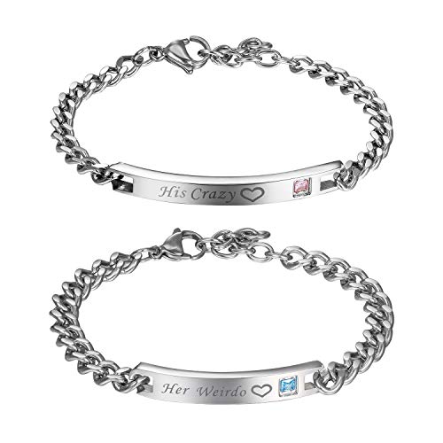 Flongo Bracciali Amicizia Coppia In Acciaio Inox Con Zirconi - Rosa, Nero, Argento (Regolabili) - 2