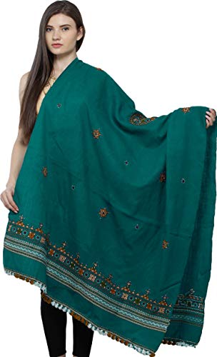 Shawl from Kutch with Central Embroidered Chakra and Mirrors - Pure Wool