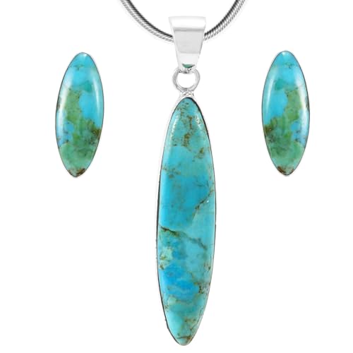 Turquoise Necklace & Earrings Set in Sterling Silver 925 with Genuine Gemstones (Matching Jewelry Set) (Turquoise)