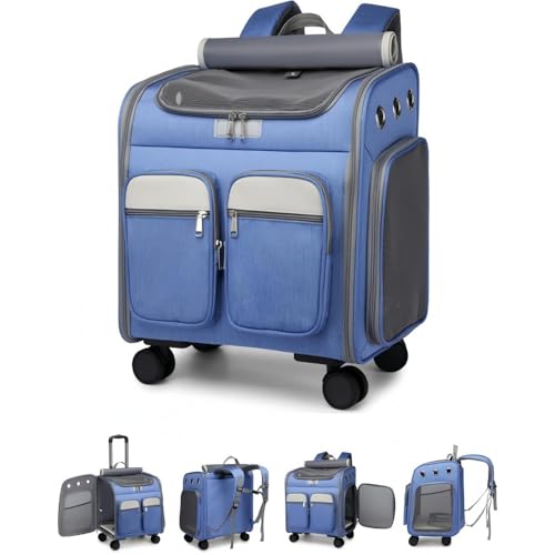 Youlinesペットケージ キャスター付き猫用リュック キャスター付き 猫 猫用 キャリー カート 犬 小型犬 ペット リュックキャリーバッグ 折りたたみ クアウトドア散歩 旅行 通院 防災 (ブルー)