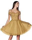 XEROGIA Sparkly Lace Appliques Homecoming Dresses for Teens Cold Shoulder Tulle Short Prom Dresses US0 Gold