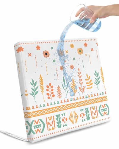 4 Pack Orange Boho Floral Waterproof Cushion Covers with Ties Outdoor Patio Chair Seat Cushion Slip Covers Replacement(Only Cover) Botanical Mexican Aztec Geometric Stripe 22''x20''x4''