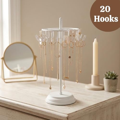 Image of ecofynd Metal Jewelry Organizer Stand with 20 Hooks, 360 Rotating 17-Inch Holder for Earrings, Necklaces, Bracelets & Rings, Space-Saving Display for Vanity, Dressing Table & Home (White, JS012)