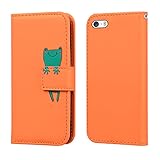 Norn Funda iPhone 5,iPhone 5s Flip Cover Case,Rana Cartoon Billetera Carcasa Cuero PU,Funda Protectora con a Prueba de Golpes,Soporte Plegable,Ranuras para Tarjetas,Cierre magnético,Naranja
