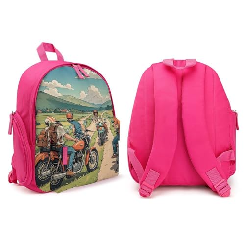 Friend Riding A Motorcycle Backpack for Men Women, Durable Small Bookbag Lightweight Daypack for Travel, Hiking, Pink-style4