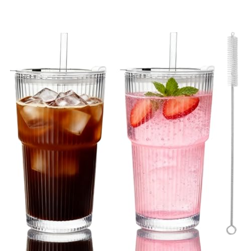 2 Pack -600ml Glass Tumbler with Lid and Straw Ribbed Glass Cups Leakproof Glass Cups Iced Coffee Cup for Iced Coffee Cocktail Tea Smoothie Iced Latte Matcha Cold Drinks (600ml-2Pack)