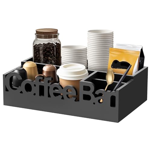 RHAIQBVC Coffee Bar Organiser for Countertop - Versatile Solid Wood Holder for Coffee Pods and Accessories - Essential Home Office Item (Black)