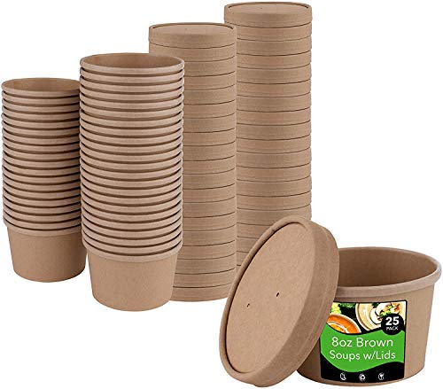 Lot de 25 récipients jetables pour crème glacée à soupe Marron 226.8 g 340 g 453.6 g 737 g 907.2 g ] compostables biodégradables en papier kraft kraft à emporter, récipients ronds en carton Cover