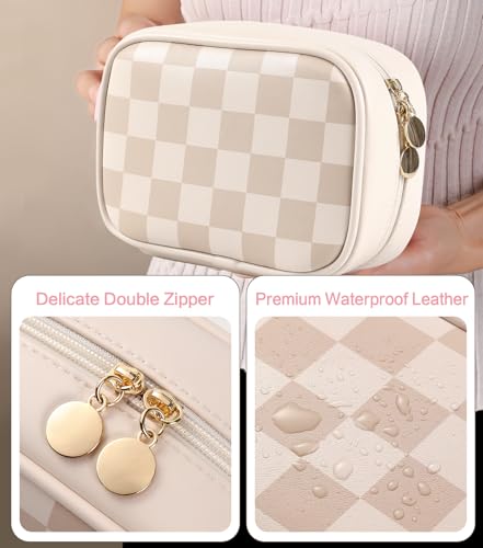 Travel Makeup Bag for Women-Cute Make up Bag with Compartments,Portable Vegan Leather Cosmetic Bag for Purse, Checkered Waterproof Makeup pouch (BROWN)3