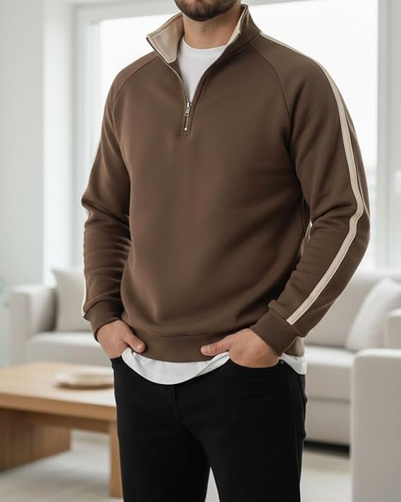 Image of Men's Quarter Zip Pullover Sweater with Contrast Stripe, Long Sleeve Athletic Casual Sweatshirt for Winter Wear, Black