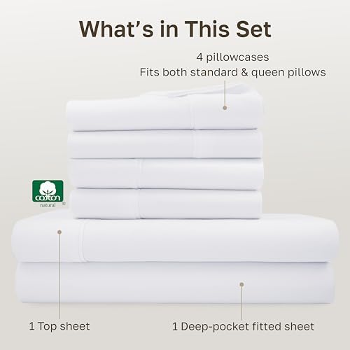 California Design Den 6 Pc Queen Size Sheet Set with 4 Pillowcases - Soft 400 Thread Count 100% Cotton Sheets, Sateen, Deep Pockets with All Around Elastic, Durable Bedding Set - White - Thumbnail 4