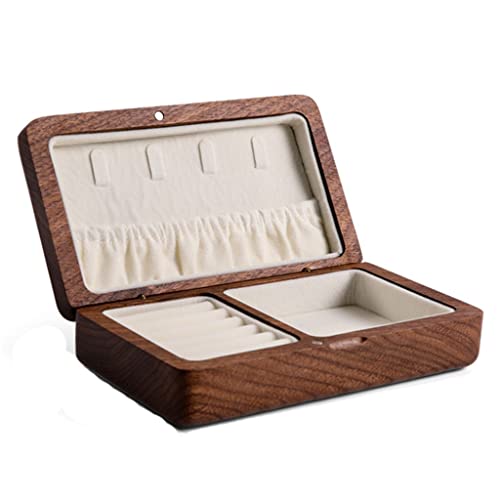 Joyero de Madera Maciza de Nogal Negro, Caja de Almacenamiento portátil de Franela para Anillos, Pendientes y Accesorios pequeños