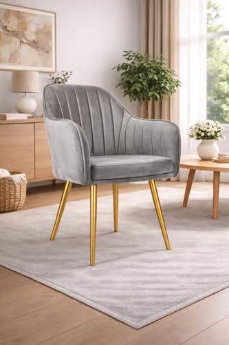 Image of Accent Chair for Living Room| Soft Velvet Fabric Armchair with Multi Colour Leg Options | Modern Chair with Thick Cushion for Home Office restaurent and cafes| 1pc (Golden Legs, Grey)