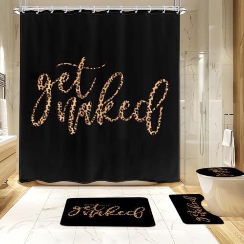 KOMLLEX 4Pcs Black Get Naked Shower Curtain Sets Bath Mat and Toilet Lid Cover Cheetah Leopard Print Funny Quotes Cute Modern Simple Bathroom Decor Set with Rugs and Accessories 12 Pack Hooks