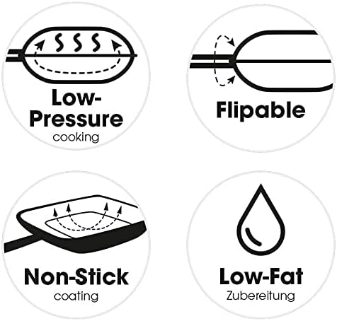 Icons illustrating key features: Low-Pressure cooking, Flipable design, Non-Stick coating, and Low-Fat preparation