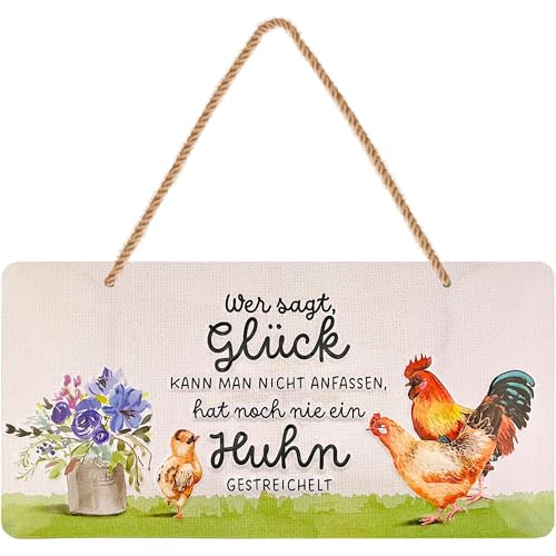 LANOLU Retro Blechschild Hühnerstall- Wer sagt Glück Hühner Zubehör lustige Schilder mit Sprüchen vintage Metallschilder Huhn Deko für den Hühnerstall Garten Schild Hühner Deko 16x32cm