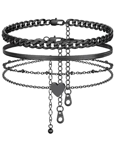 Image of FindChic Black /Silver /Gold Plated Anklets Set of 2PCS /3PCS Herringbone Chain Cuban Link Heart Charm Sparkling Tennis Ankle Bracelets, Waterproof Summer Foot Jewelry for Beach