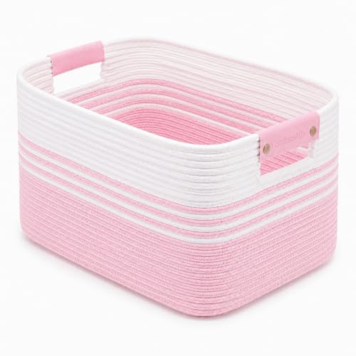 Image of 19.2GAL Sturdy Large Laundry Basket with Handles for Dirty Clothes, Portable Aesthetic Boho Cute Woven Storage Blanket Baskets for Living Room Decor and throws pillows Kids Toys Bath Towle White Pink