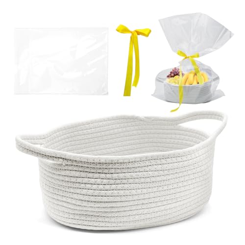 WYYFXY® Cesta de presentación vacía Cesta de regalo trenzada con bolsas de celofán y lazo, Cesta regalo cuerda de algodón cestas para regalos, días festivos, cumpleaños (Blanco)
