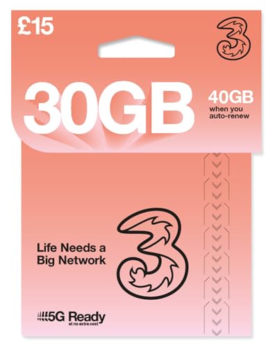 THREE 4G/5G SIM Card UK & ROAM FREE in over 70 destinations - PREPAID PAYG £15 Bundle - (30GB + 10GB FREE DATA*) + Unltd Texts & Mins + International Calling Option - (Love2surf RETAIL PACK)