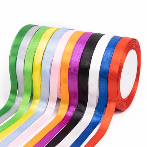 Fyshird 12 Colours Satin Ribbon for Gift Wrapping 10mm x 22m Curling Ribbon Fabric Polyester Balloon Ribbon Thin Ribbons for Crafting DIY Bows Cake Wedding Party Decorations Christmas