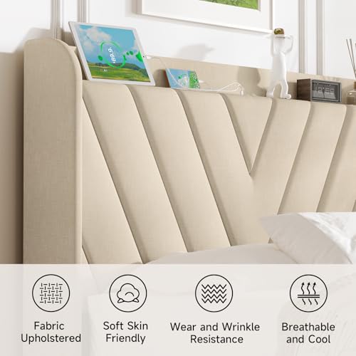 Image of koorlian Full Size Bed Frame, Full Bed Frame with Headboard, Adjustable Upholstered Bed Frame with Type-C&USB Port, Wingback Storage Headboard, Noiseless, No Box Spring Needed, Beige