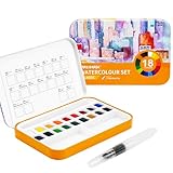 AUREUO 旅行用水彩絵の具セット - 通用色 18色 固形顔料 - ポータブル鉄の小箱装、スケッチ用の水彩絵のブラシペン付き 旅行向けの無毒顔料 - 絵画愛好家、初心者、アーティスト向けの塗料