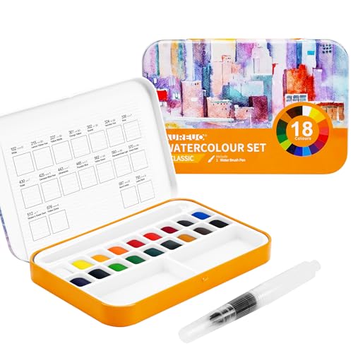 旅行用水彩絵の具セット - 通用色 18色 固形顔料 - ポータブル鉄の小箱装、スケッチ用の水彩絵のブラシペン付き 旅行向けの無毒顔料
