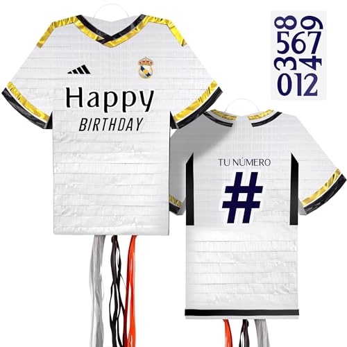 Piñata futbol Madrid para decoracion cumpleaños futbol. Piñata cumpleaños infantil grande de 50 cm y personalizable en su dorsal. Piñata para fiesta de cumpleaños futbol de niños y adultos