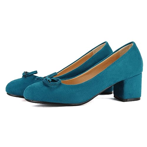 Alyaafifa Comfortable Block Heel Pumps for Women 2 Inch Mid Heel Closed Round Toe Matte Leather Suede Dress Shoes with Bowknot Party Daily Wedding Office