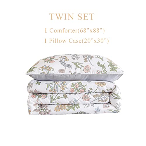 Floral Comforter Set Twin Size, Yellow Green Botanical Flower Leaves Printed White Comforter For Kids Teen Women, 2 Piece Soft Microfiber Bedding Set With 1 Pillow Case For All Season(Yellow,Twin) #TOP1
