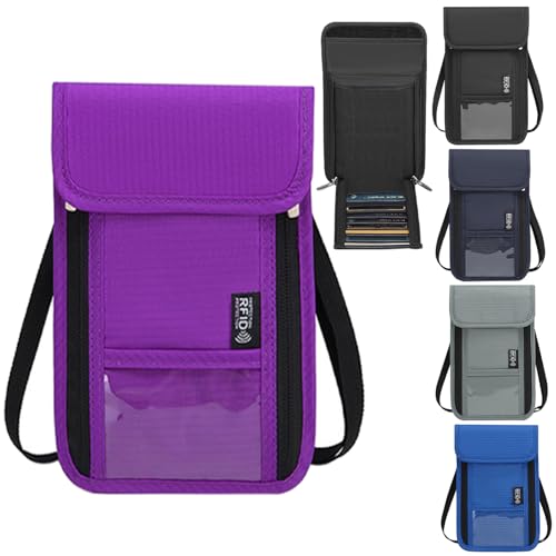 GOSLYLY Portadocumentos Viaje de Cuello con, Bloqueo RFID,Cartera de Cuello Pasaporte, Portadocumentos de Cuello Hombre Mujer (Morado)
