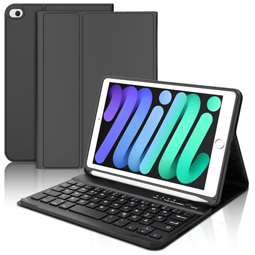 AVNICUD Drahtlose Bluetooth-Tastaturhülle für iPad Mini 5 (5. Generation) / 4 / 3 / 2 / 1 - QWERTZ mit Stifthalter, Schwarz