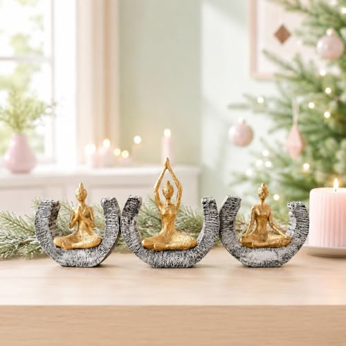 Image of Amazon Basics Serene Yoga Meditating Figurine Set for Home & Office Decor | Modern Spiritual Sculpture Showpieces for Living Room, Meditation Corner & Shelf Styling (Gold & Grey, Set of 3)