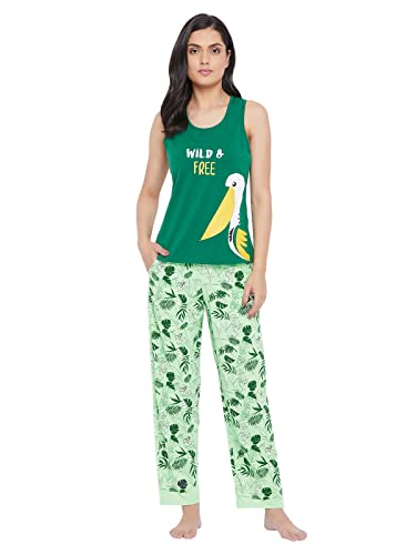 Image of Clovia Women's Cotton Printed Tank Top & Pyjama Set - Green