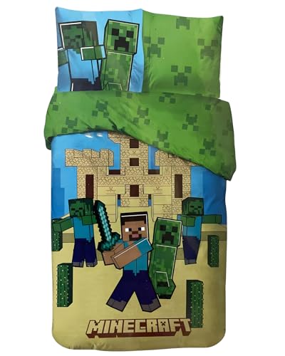 arlis Parure de Lit Minecraft, Housse de Couette Réversible 140x200 cm, Taie d'oreiller 63x63 cm, 100% Coton (Parure de lit Minecarft, 140 X 200 Cm)