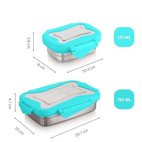 Image of STEELLOCK Smart Stainless Steel Tiffin Lunch Box for Kids and Adults 2pc Set | Airtight & Leakproof | Rectangle Combo for School & Office with Steel Lid |(1pc-750ml & 1pc-170ml) Turquoise