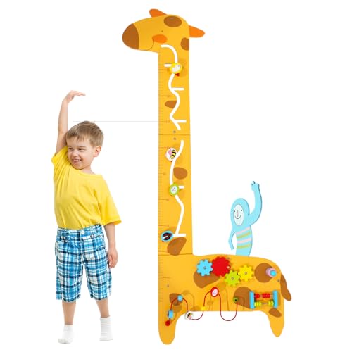Image of Dollox Giraffe Activity Wooden Wall Panels, 7-in-1 Toddler Multifunctional Busy Board Sensory, Interactive Educational Toy Montessori Wall Decor Preschool Toy for Daycare Activity Center Livingroom